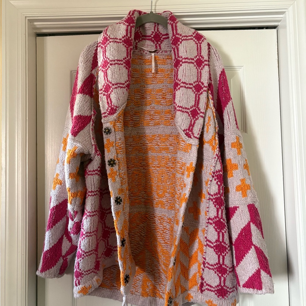 Free People Pink and Orange Patterned Cardigan